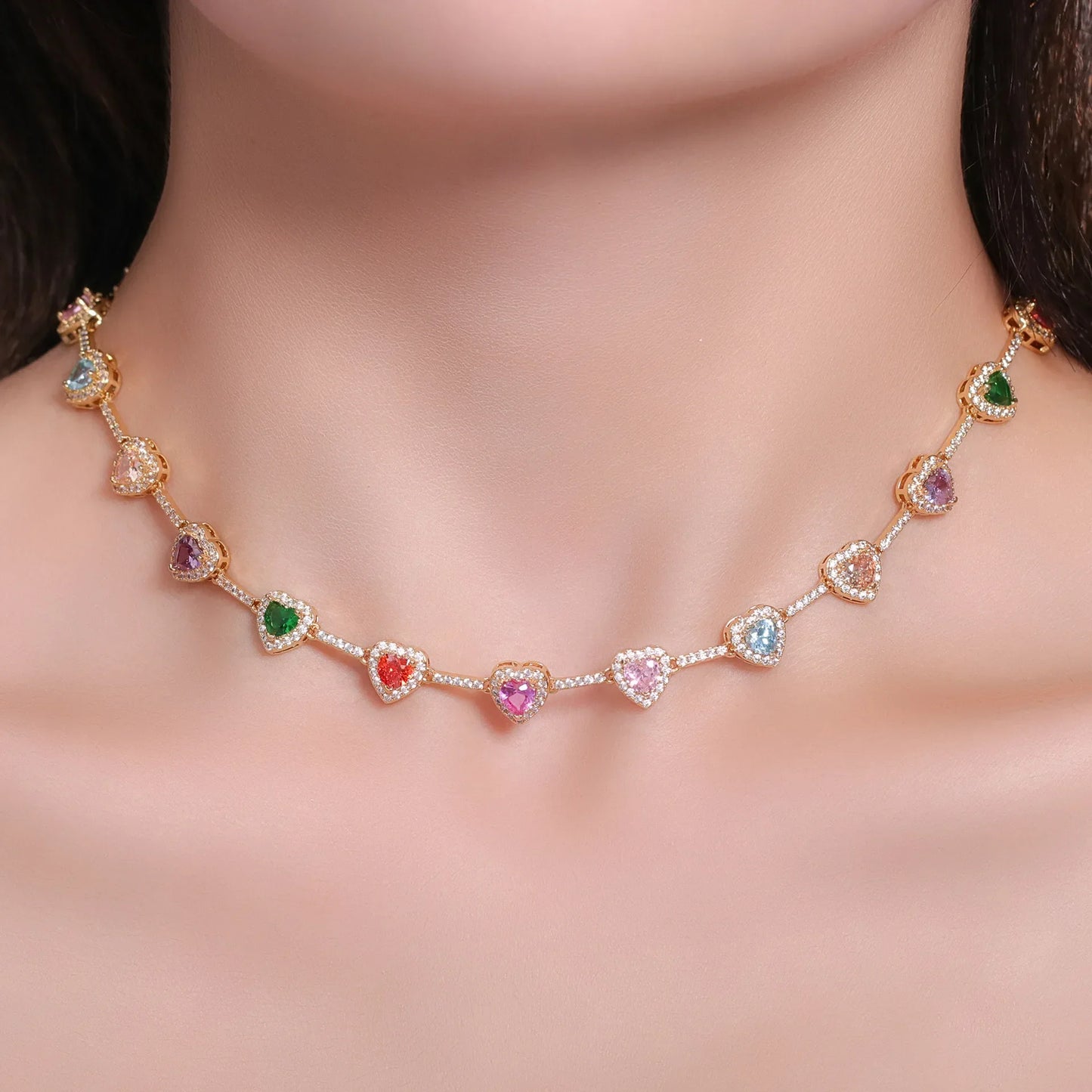 Fashion Candy Colour Heart Cubic Zircon Necklace Fashion 18K Gold Jewellery Rainbow Jewellery Party Anniversary Gift Jewellery